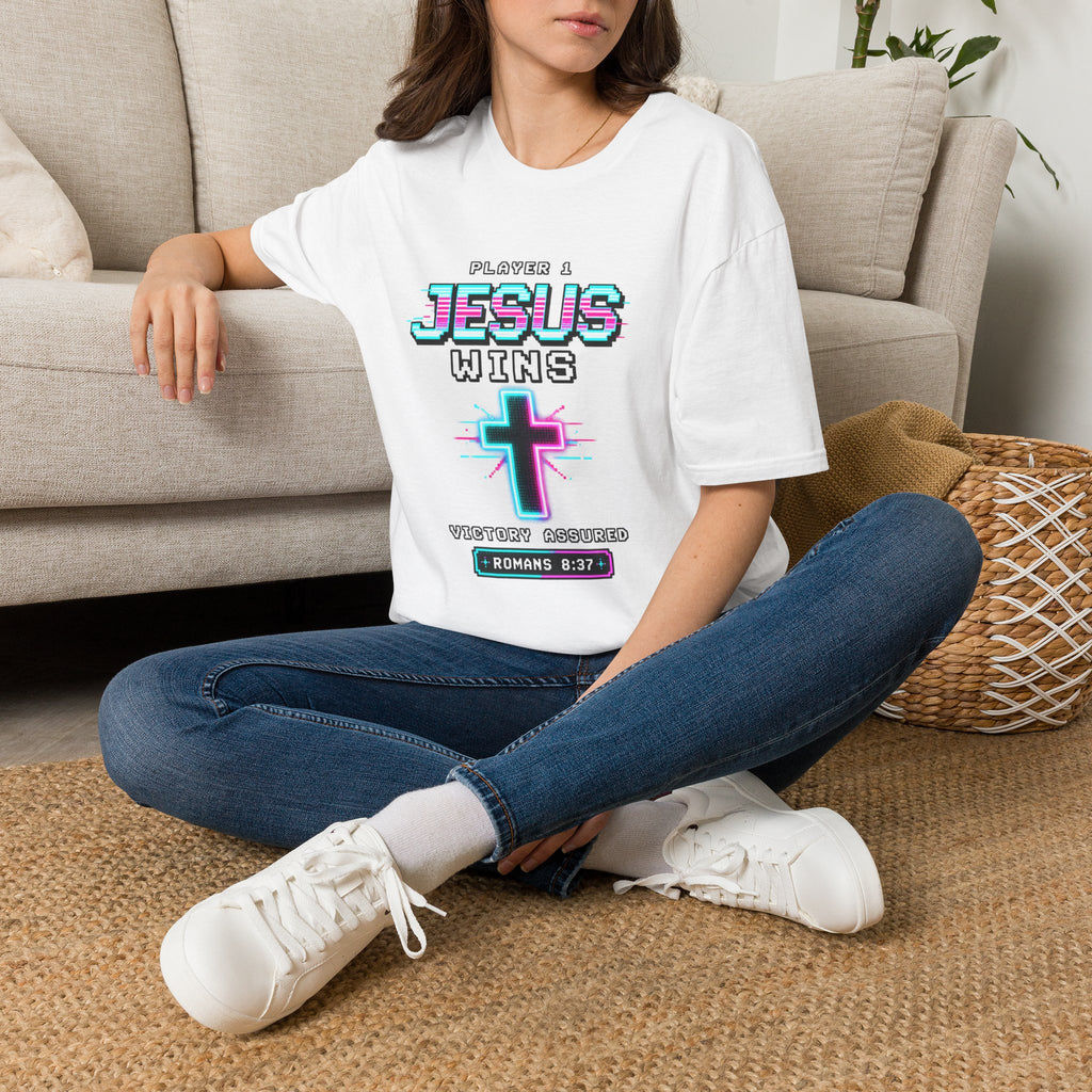 Player 1 Jesus Wins T-Shirt | Christian Cross Retro Gaming