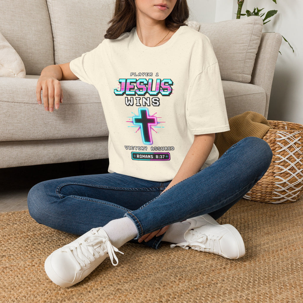Player 1 Jesus Wins T-Shirt | Christian Cross Retro Gaming