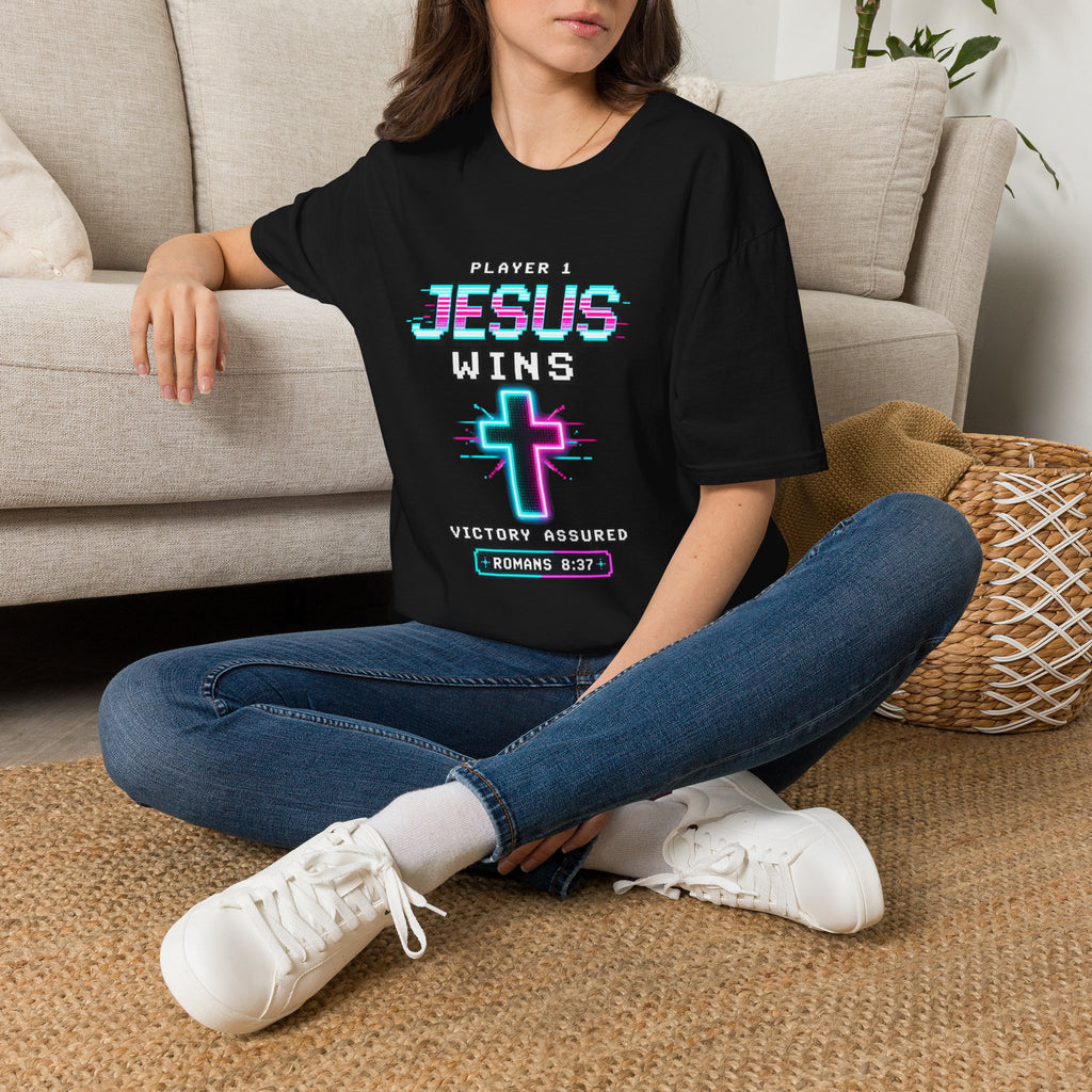Player 1 Jesus Wins T-Shirt | Christian Cross Retro Gaming