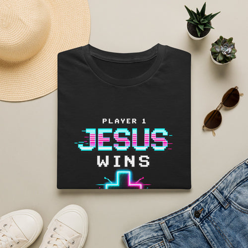 Player 1 Jesus Wins T-Shirt | Christian Cross Retro Gaming