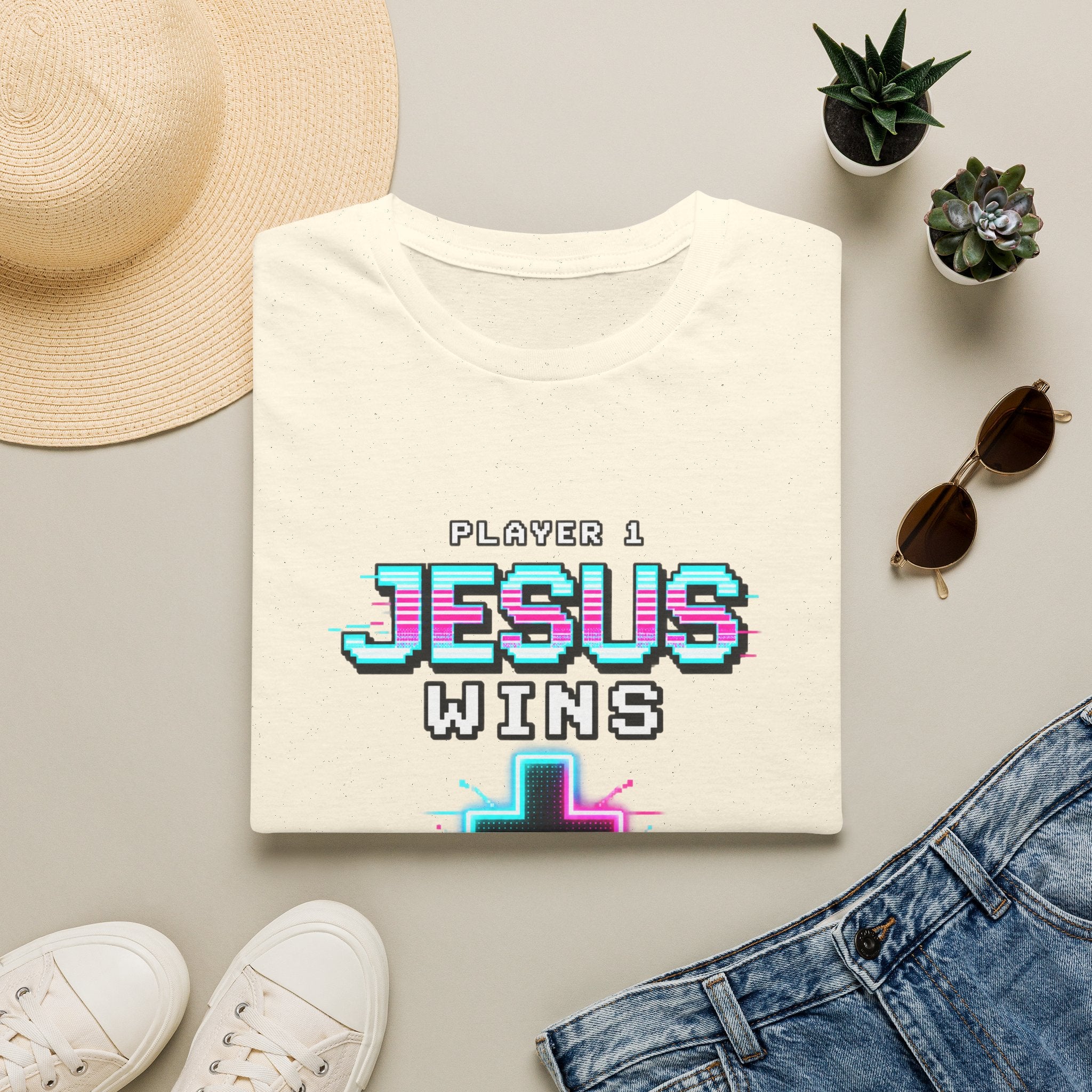 Player 1 Jesus Wins T-Shirt | Christian Cross Retro Gaming