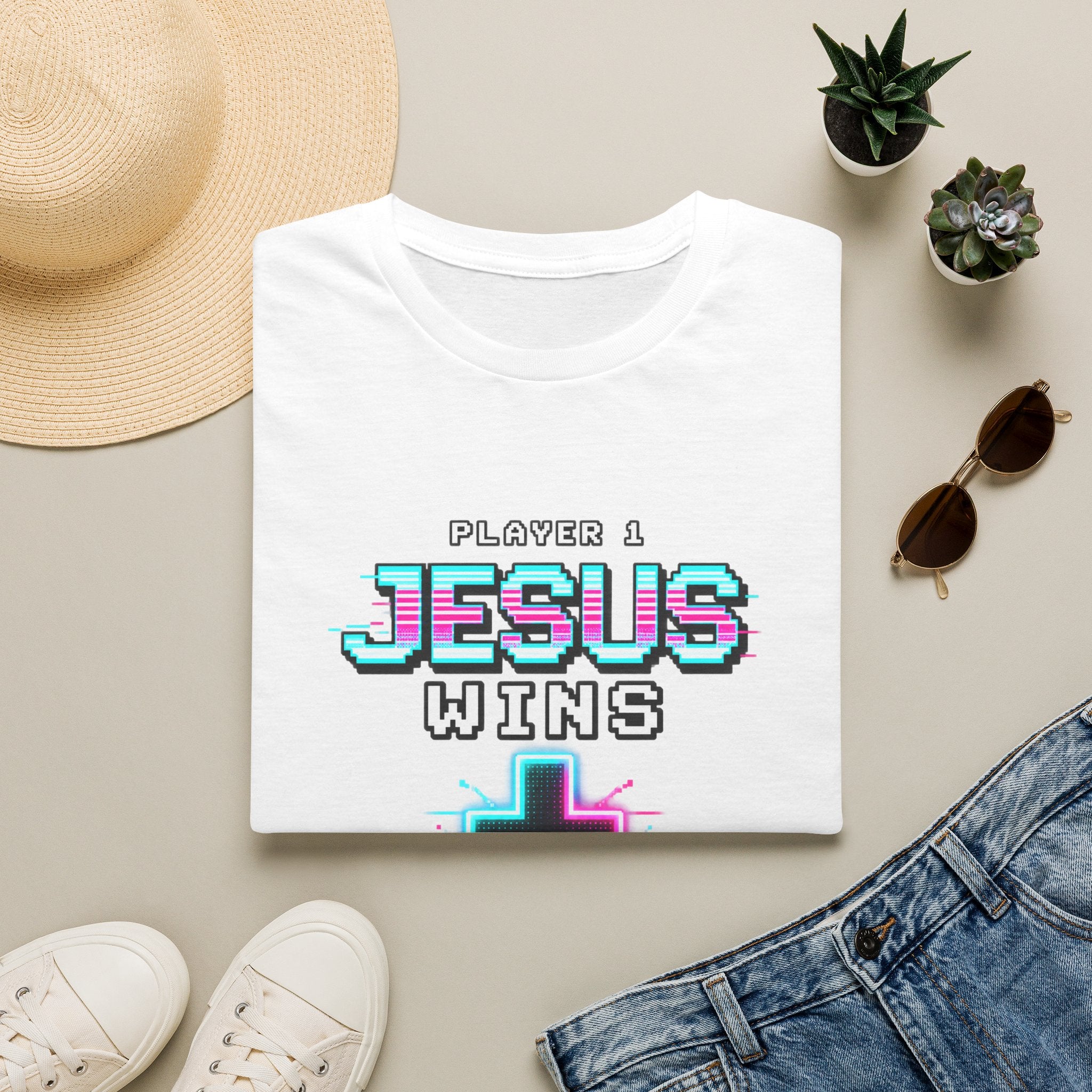 Player 1 Jesus Wins T-Shirt | Christian Cross Retro Gaming